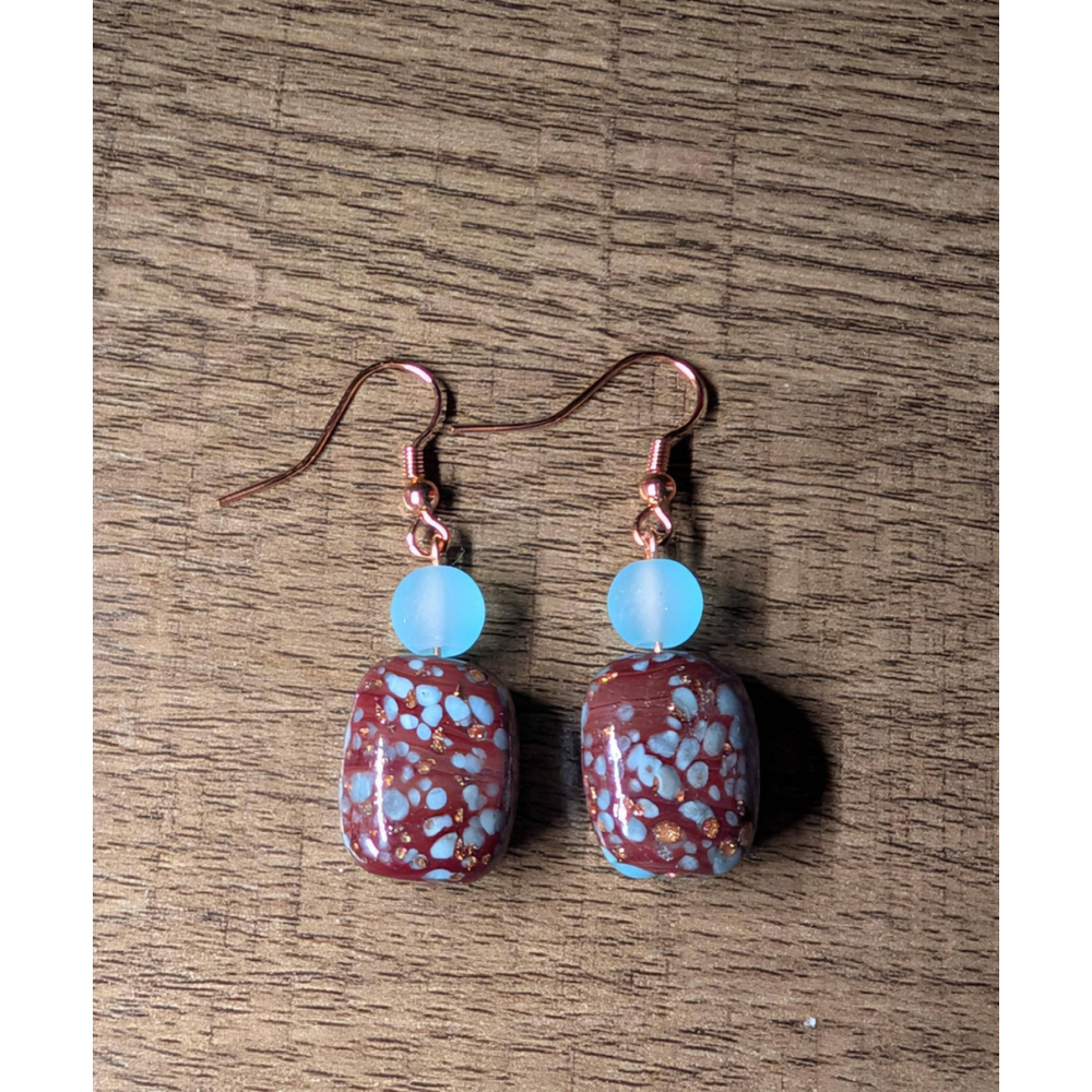 Blue & Brown Glass Dangle Earrings with Rose Gold Hooks Handmade Speckled Bead - Picture 6 of 8